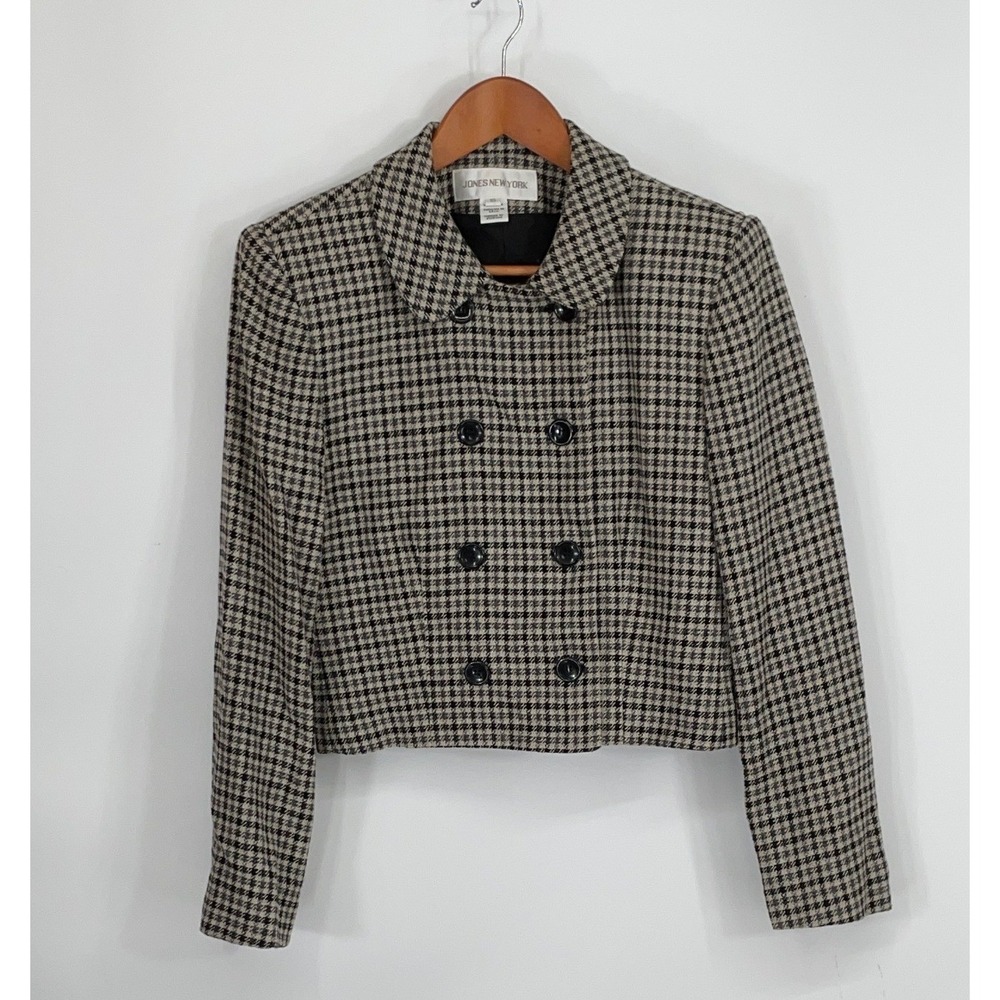 Jones New York Womens Blazer 10 Cropped Black White Houndstooth Wool Made USA
